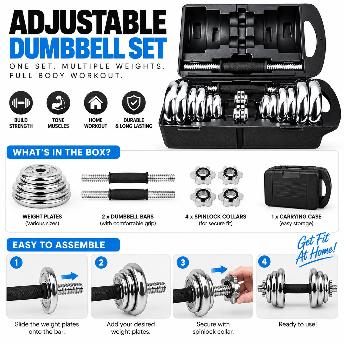 Chrome Dumbbell Set 15KG, 20KG & 30KG